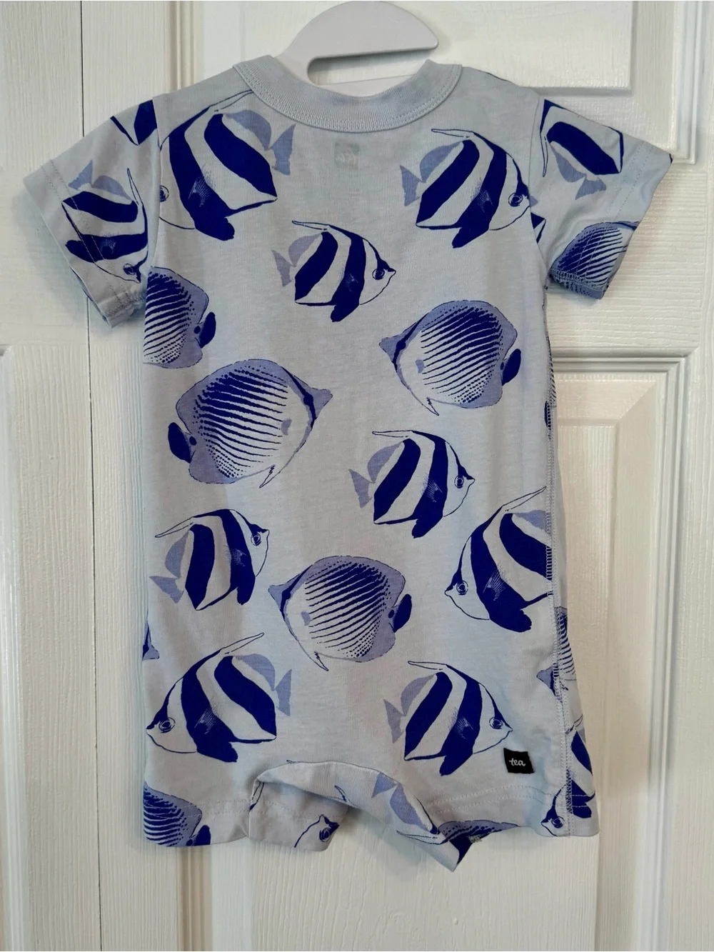 EUC Tea Collection Short-Sleeve Cotton Romper with pocket, blue sharks